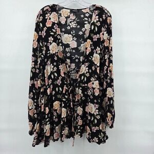 Torrid Tie Front Kimono Top 5 Black Floral Lightweight Boho Eclectic
